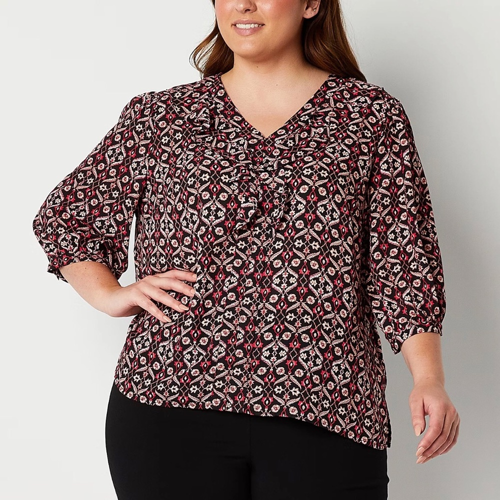 Liz Claiborne V Neck Floral Blouse Size 3X Ruffle Neckline Easy Care Office - Picture 2 of 9